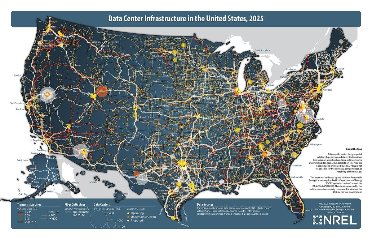 Mapa datových center a síťové infrastruktury ve Spojených státech